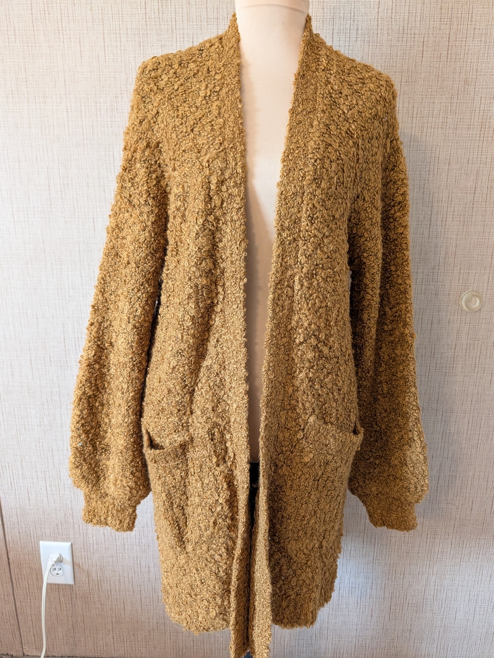 American Eagle Outfitters Camel-Tan Soft Teddy Open-Front Cardigan
